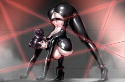 arched_back ass_in_air ass_up backless_outfit big_ass big_breasts black_hair black_latex black_latex_bodysuit busty busty_female curvy curvy_female double_bun face_down_ass_up goddess_of_victory:_nikke hanging_breasts on_all_fours quency_(nikke) red_streaked_hair thick_thighs wide_hips zinfian