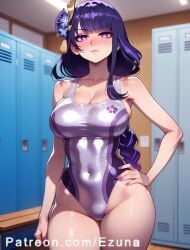 ai_generated beach big_ass big_breasts big_butt big_thighs bikini blush braid braided_hair ezuna flower_in_hair genshin_impact huge_ass huge_breasts huge_butt huge_thighs purple_eyes purple_hair raiden_shogun swimsuit swimwear wanuze wide_hips