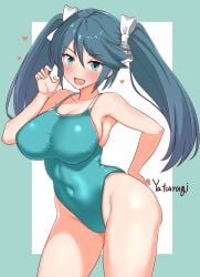 1girl alternate_costume aqua_eyes aqua_hair aqua_one-piece_swimsuit breasts commentary_request competition_swimsuit covered_navel fang hair_between_eyes hair_ribbon heart highleg highleg_one-piece_swimsuit highres isuzu_(kantai_collection) kantai_collection large_breasts long_hair looking_at_viewer one-piece_swimsuit open_mouth ribbon skin_fang smile solo swimsuit twintails very_long_hair white_ribbon