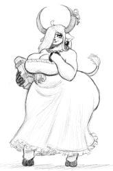 anthro big_breasts breasts cow dress ear_ring female hair_over_one_eye horns huge_ass itzjaylock jewelry necklace solo wide_hips