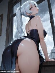 1girl ai_generated arched_back arlequin097 arm_support ass ass_focus back bare_arms bare_shoulders black_dress black_panties blue_eyes breasts closed_mouth cloud dress earrings from_behind from_below halter_dress huge_ass indoors jewelry large_breasts leaning_forward lips long_hair looking_at_viewer looking_back panties patreon_logo patreon_username ponytail rain rwby scar scar_across_eye scar_on_face shiny_skin sky solo thick_thighs thighs underwear weiss_schnee white_hair window