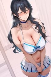 1girl ai_generated black_hair cheerleader hot sexy_female shy_expression