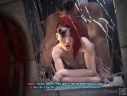 1boy 1boy1girl 1girl 1girls 3d areolae asymmetrical_hair bathroom bathroom_sex breasts brown_hair caption cybernetics cyberpunk cyberpunk_(series) cyberpunk_2077 dialogue female fit_female freckles from_behind from_behind_position godwin gray_eyes grey_eyes holding_hands implied_penetration implied_sex jackie_welles latino latino_male light-skinned_female light_skin looking_at_another male male/female mirror mirror_reflection moaning mouth_open muscular muscular_male neroxliv nipples nude nude_female nude_male pleasure pleasure_face pleasured red_hair short_hair small_breasts subtitled sunglasses sunglasses_on_head tagme talking talking_to_partner tattoo tattoos v_(cyberpunk_2077) valerie_(cyberpunk_2077)