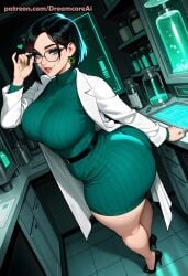 1girl ai_generated big_ass big_breasts brunnette dreamcoreai dreamcoreart glasses green_eyes labcoat lowering_glasses side_view thick_thighs turtleneck valorant viper_(valorant) wide_hips