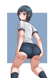 1girl ass black_socks blue_background blue_buruma blue_eyes blush border breasts buruma closed_mouth commentary_request feet_out_of_frame from_behind grabbing_own_ass gym_shirt gym_uniform highres kneehighs kneeling looking_at_viewer looking_back original outside_border shirt short_hair short_sleeves socks solo sweatdrop white_border white_shirt