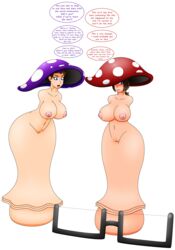 2017 2girls blue_eyes brown_hair elek-tronikz erect_nipples female female_focus female_only inanimate_transformation multiple_girls mushroom original original_character speech_bubble text transformation transparent_background