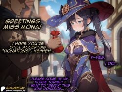 ai_generated black_hair blue_eyes comic dark-skinned_male english_text genshin_impact gloves golden_jay hat manga mona_(genshin_impact) older_male older_male_and_younger_female pale-skinned_female parody prostitution text white_hair