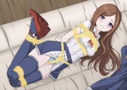 1girls absurd_res ascot bdsm blue_eyes blue_thighhighs blush bondage book bound bound_arms bound_legs brown_hair castlevania castlevania:_portrait_of_ruin charlotte_aulin female highres long_hair looking_at_viewer lying lying_on_side panties pantyshot pantyshot_(lying) restrained shibari shibari_over_clothes thighhighs underwear upskirt white_panties white_underwear