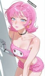 ai ai_art ai_generated alixx_nswf beatrix_(mobile_legends) blue_eyes mechanical_arm medium_breasts mlbb mobile_legends mobile_legends:_bang_bang pink_bikini_top pink_hair sexy triangle_earrings