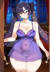1girls ai_generated big_breasts black_hair breasts creamy_ai female genshin_impact green_eyes hair light-skinned_female light_skin long_hair mona_(genshin_impact) solo solo_female thick_thighs thighs