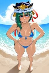 1girls ai_generated angry angry_face beach bikini blue_eyes breasts eiki_shiki female full_body green_hair hand_on_hip hat krekk0v krekk0v_(style) micro_bikini sea short_hair small_breasts solo_female standing touhou