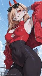 1girl ai_generated arm_behind_head arm_up armpits blonde_hair breasts chainsaw_man cleavage cleavage_cutout clothing_cutout covered_navel covered_nipples cross-shaped_pupils decurse demon_horns eyewear_on_head grin hair_over_one_eye horns jacket long_hair looking_at_viewer medium_breasts power_(chainsaw_man) red_eyes red_horns red_jacket sharp_teeth sky smile solo sunglasses symbol-shaped_pupils tail teeth