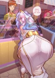 1boy 2d 2d_(artwork) 2girls 4k ass ass_focus back_view background_character bakery blue_eyes butt cake carrot_cake_(mlp) crown day daytime digital_media_(artwork) dress english_text friendship_is_magic guyser3 high_quality high_resolution highres human human_version light-skinned_female light_skin long_hair looking_at_viewer looking_back mlp mlp_g4 mr._cake_(mlp) multicolored_hair my_little_pony my_little_pony_friendship_is_magic outdoors pink_eyes pink_hair pinkie_pie_(mlp) princess princess_celestia_(mlp) speech_bubble tagme tight_clothing voluptuous voluptuous_female white_dress