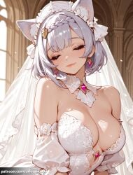 1girl ai_generated alternate_costume animal_ear_fluff animal_ears arlequin097 bare_shoulders blush braid braided_bangs breasts bridal_veil bride brooch cat_ears cat_girl cleavage closed_eyes closed_mouth detached_collar detached_sleeves dress earrings extra_ears facing_viewer gem genshin_impact grey_hair hair_ornament head_tilt indoors jewelry large_breasts lips medium_breasts mihoyo noelle_(genshin_impact) puffy_sleeves short_hair short_sleeves smile solo strapless strapless_dress upper_body veil wedding_dress white_dress white_hair white_headdress white_sleeves white_veil