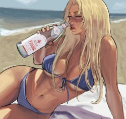 1girl beach bikini blonde_female blonde_hair bottle breasts cleavage closed_eyes drinking eyelashes female female_focus female_only fit_female hourglass_figure hourglass_figured_female jujutsu_kaisen long_hair seaside summer tan-skinned_female tan_body tan_skin tanned tsukumo_yuki_(jujutsu_kaisen) underboob yuki_tsukumo