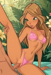 18yo 1boy 1girl adult aged_up ai_generated blonde_hair blush cleavage close-up crotch_focus erotic explicit flora flora_(winx_club) flowers glossy_skin green_eyes hand_on_leg hetero highres jungle labia large_breasts leaves leg_lift legs_up light_brown_hair long_hair micro_bikini navel open_mouth patreon patreon_username penis penis_in_pussy pink_bikini plants pov pussy pussy_focus r34dungeon sex_from_below slim_waist spread_legs string_bikini tan_skin thick_thighs uncensored underboob vaginal_penetration vaginal_sex wet_pussy winx_club yellow_flowers