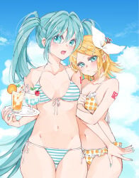2girls alternate_costume anger_vein aqua_eyes aqua_hair aqua_nails arm_hug bare_shoulders bikini blonde_hair blue_sky bow breasts cloud commentary_request drink food fruit hair_bow hair_ornament hairclip hatsune_miku highres holding holding_drink holding_tray kagamine_rin long_hair looking_at_viewer medium_breasts mimi_mine multiple_girls number_tattoo open_mouth orange_(fruit) parallel_hairclips polka_dot polka_dot_bikini short_hair sky small_breasts striped_bikini striped_clothes swimsuit tattoo thick_thighs thighs tray twintails very_long_hair vocaloid white_bow