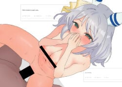 1boy 1girl animal_ears bar_censor blush breasts censored censored_nipples completely_nude covering_own_mouth dark-skinned_male dark_skin ear_covers ear_ornament green_eyes grey_hair hetero highres hishi_miracle_(umamusume) horse_ears horse_girl nude odaibako request_inset roooou_(rou-uma) sex simple_background solo sweat umamusume vaginal white_background white_hair