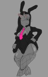 1girls bb_happyhour black_hair blush blush_lines boobs breasts bunny_ears bunny_tail coat coral_glasses dream_bbq ena_(series) fishnet_stockings fishnets glasses greyscale leotard long_sleeves playboy_bunny simple_background stockings sweat sweatdrop sweating tie