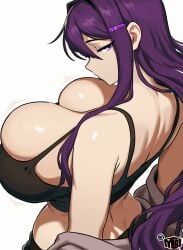 black_tank_top bouncing_breasts breasts character_request cleavage female female_only hair_intakes hairclip huge_breasts long_hair looking_at_viewer looking_back massive_breasts mewmaster93 purple_eyes purple_hair signature simple_background tank_top white_background