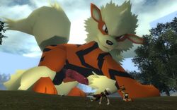 3d all_fours arcanine bag big_penis big_tail big_testicles black_fur brendan_(pokemon) brendan_(pokemon_oras) brown_hair canine canine_penis clothed erection fangs feral garry's_mod hat huge_penis human knot looking_at_viewer looking_down male mammal may_(pokemon) may_(pokemon_oras) nintendo nude orange_fur outdoors paws penis pokemon pokemon_(species) pokemon_oras pokemon_rgby pokephilia sheath shirt shoes short_hair shorts size_difference stripes tail teeth testicles veins veiny_knot veiny_penis video_games