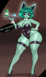 alcohol anthro big_ass black_leotard bottle bunnysuit collar curvy female fishnet_legwear fishnets fox_ears green_skin hand_on_hip high_heels holding_tray humanoid large_breasts league_of_legends looking_at_viewer moxxy_art playboy_bunny solo speech_bubble standing thick_thighs tray vex_(league_of_legends) waitress wide_hips yordle