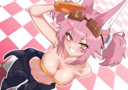 cat_ears catgirl duel_monster female golden_eyes large_breasts midriff oldsickkim pants pink_hair shirt smile tri-brigade_kitt twintails yu-gi-oh!