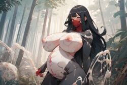 ai_generated asian asian_female black_hair cheesecake cindy_moon female female_only forest forest_background large_breasts marvel marvel_comics nipples pregnant pregnant_belly pregnant_female red_mask silk_(marvel) spider-man_(series) thick_thighs