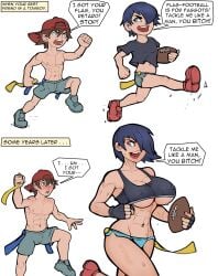 1boy 1boy1girl 1girls abs big_breasts black_hair blue_eyes brown_hair child_bearing_hips comic football green_eyes markydaysaid muscles muscular muscular_female short_hair softcore sport sports tagme text tomboy underboob white_background wide_hips