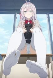 ai_generated alisa_mikhailovna_kujou big_breasts blue_eyes classroom faceless_male female_focus foot_fetish footjob large_legs legwear long_hair pixelhero pov pussy russian_girl school_uniform schoolgirl sock_fetish socks soles soles_of_feet_in_socks thighhighs tokidoki_bosotto_russian_de_dereru_tonari_no_alya-san white_hair