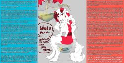 anthrofied caption female kammy kitokitokito long_hair looking_at_viewer lycanroc midnight_lycanroc onomatopoeia peeing peeing_into_toilet peeing_on_object pokemon property_damage raveneevee talking_to_viewer toilet toilet_bowl toilet_pov toilet_use toilet_water watersports