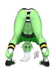 2018 alien alien_girl ass bent_over big_ass breasts callmepo clothed dated disney female female_only flexible footwear freckles full_body green_skin highres kneepits large_breasts looking_at_viewer lord_dominator mohawk navel panties pink_sclera pointy_ears runny_makeup shoes signature smile socks solo striped_panties underboob wander_over_yonder white_hair