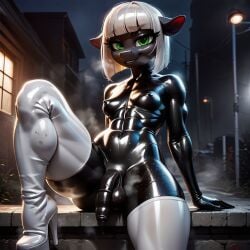 ai_generated anthro athletic balls breasts futanari high_heel_boots latex penis pony rubber_creature smiling thighhighs uncut wet