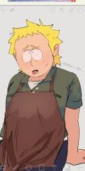 1boy aged_up apron blonde_hair clothed clothed_male clothes clothing colored cum cum_drip cum_in_mouth cum_on_face cum_on_upper_body digital_drawing_(artwork) digital_media_(artwork) dimples ibispaintx male male_only meri_ny_ open_mouth simple_background sitting solo solo_male south_park south_park:_post_covid submissive submissive_male tongue tongue_out tweek_tweak unfinished