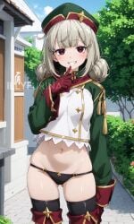 abdomen ai_generated araga_kiwi black_lingerie boots breasts clothed clothed_female clothing female female_focus female_only fingers_in_mouth grey_hair illyfurina leopard_(mahou_shoujo_ni_akogarete) looking_at_viewer mahou_shoujo_ni_akogarete medium_breasts military_uniform navel pale-skinned_female pale_skin seducing seduction seductive short_girl smile smiling smiling_at_viewer socks stable_diffusion tanga teeth watermark woman_focus woman_only