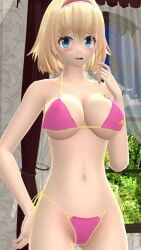 1girls 2023 3d alice_margatroid belly_button bikini blonde_hair_female blue_eyes blue_sky blush breasts cleavage clouds curtains hand_behind_back hati_yukkuri_mmd headband hips human indoors light-skinned_female looking_at_viewer mansion mmd one_arm_up open_mouth pink_bikini short_hair_female shy sky solo_female solo_focus swimsuit touhou trees waist window