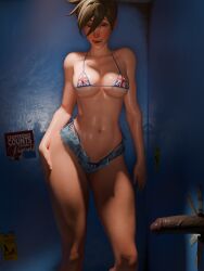 3d bikini_top dark-skinned_male denim_shorts fuckingtracer glory_hole microshorts overwatch tattoo tattoo_on_tongue tracer union_jack union_jack_bikini union_jack_tracer