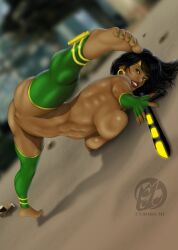 2d 2d_(artwork) ass athletic athletic_female barefoot big_breasts black_hair black_orchid blush breasts breasts_against_floor bubble_butt busty cyborg_mc earrings eyeshadow feet female female_focus female_only fingerless_gloves fit fit_female green_eyes headband hourglass_figure jack-o_pose killer_instinct large_breasts legwear lipstick long_hair makeup mascara nail_polish nude nude_female nudity pinup pinup_pose pussy soles splits tan tan_body tan_skin toenail_polish vagina wide_hips