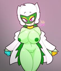 1girls female female_only fiore_rosada flower green_body green_skin lab_coat mask pokemon robe roserade yellolight