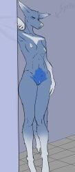 absurd_res androidz annoyed anthro breasts female fur genitals hi_res light_nipples long_ears nipples nude pussy simple_background solo standing tall thick_thighs wide_hips