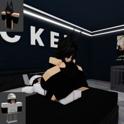 1boy 1girls 3d ass bed black_hair breasts catsulithr34 clothed clothes reference_image roblox roblox_avatar robloxian self_upload tagme