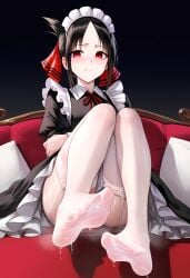 1girls ai_generated black_hair feet female female_only foot_fetish foot_focus human kaguya-sama_wa_kokurasetai_~tensai-tachi_no_renai_zunousen~ maid red_eyes shinomiya_kaguya solo