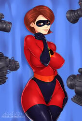 1girls ange1witch armwear bodysuit cameltoe clothed clothing disney elastigirl elbow_gloves eyewear female female_only footwear fully_clothed handwear helen_parr huge_breasts legwear mask milf pixar short_hair smile smooth_skin the_incredibles wide_hips