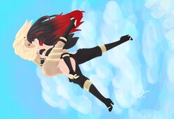 2girls black_hair blonde_hair blue_eyes boots breasts buttplug calf_boots couple eye_contact female fingering floating full_body gravity_rush half-closed_eyes heel_boots high_heel_boots high_heels highres kat_(gravity_rush) kissing knee_boots long_hair looking_at_another multiple_girls mutual_yuri nipples nude raven_(gravity_rush) red_eyes red_hair romantic sex sky two_tone_hair yuri