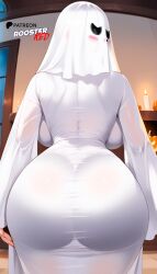 1girls ai_generated ass ass_focus boosterred99 costume from_behind from_behind_position ghost ghost_costume ghost_girl halloween halloween_costume large_breasts long_sleeves looking_back pony_diffusion_xl sexy_pose solo thighs voluptuous white_dress