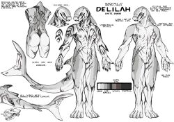 anthro ass breasts claws female fish genitals hi_res marine membrane_(anatomy) model_sheet mortalskull muscular pussy scar scars_all_over shark smile solo standing tail webbed_hands