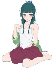 bare_arms bare_legs bare_shoulders bare_thighs barefoot blue_hair blush breasts chinese_clothes clothes_down collarbone feet freckles green_hair kusuriya_no_hitorigoto long_hair maomao_(kusuriya_no_hitorigoto) mikoha358212 parted_lips ponytail sitting skirt small_breasts sweat sweaty_body tank_top thighs twintails white_tank_top