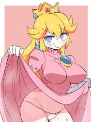 1girls big_breasts blonde_hair blue_eyes blush breasts busty clothes clothes_lift crown dress dress_lift gloves kurachi_mizuki large_breasts lifted_by_self lifting_own_clothes lifting_skirt long_hair looking_at_viewer mario_(series) naughty_face nintendo panties pink_dress presenting princess princess_peach royalty smile solo solo_female solo_focus sweat under underwear voluptuous white_gloves white_panties white_underwear