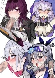 ! 1boy 4girls absurdres anger_vein bare_shoulders black_gloves black_jacket black_swan_(honkai:_star_rail) blush breasts caelus_(honkai:_star_rail) censored chest_harness cleavage collarbone collared_shirt colored_inner_hair commentary_request crossed_bangs cum cum_in_mouth cum_in_nose cum_on_hands elbow_gloves erection eyewear_on_head facial fellatio fingerless_gloves fur_trim gloves goggles goggles_on_head grey_eyes grey_hair hair_between_eyes handjob harness heart highres honkai:_star_rail honkai_(series) jacket kafka_(honkai:_star_rail) large_breasts long_hair long_sleeves looking_at_viewer mosaic_censoring multicolored_hair multiple_girls open_mouth oral penis penis_on_face ponytail purple-tinted_eyewear purple_eyes purple_gloves purple_hair purple_veil red_hair round_eyewear shirt short_hair silver_wolf_(honkai:_star_rail) simple_background soystar spoken_exclamation_mark stray_pubic_hair sunglasses teeth tinted_eyewear tongue tongue_out topaz_(honkai:_star_rail) trailblazer_(honkai:_star_rail) upper_teeth_only veil white_background white_hair yellow_eyes