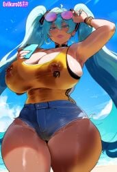 ai_generated beach brasil brazil brazilian brazilian_female brazilian_miku denim_shorts evilkuro05 hatsune_miku massive_ass massive_breasts rio_de_janeiro shortshorts tanned_female thick_hips thick_legs vocaloid wide_hips